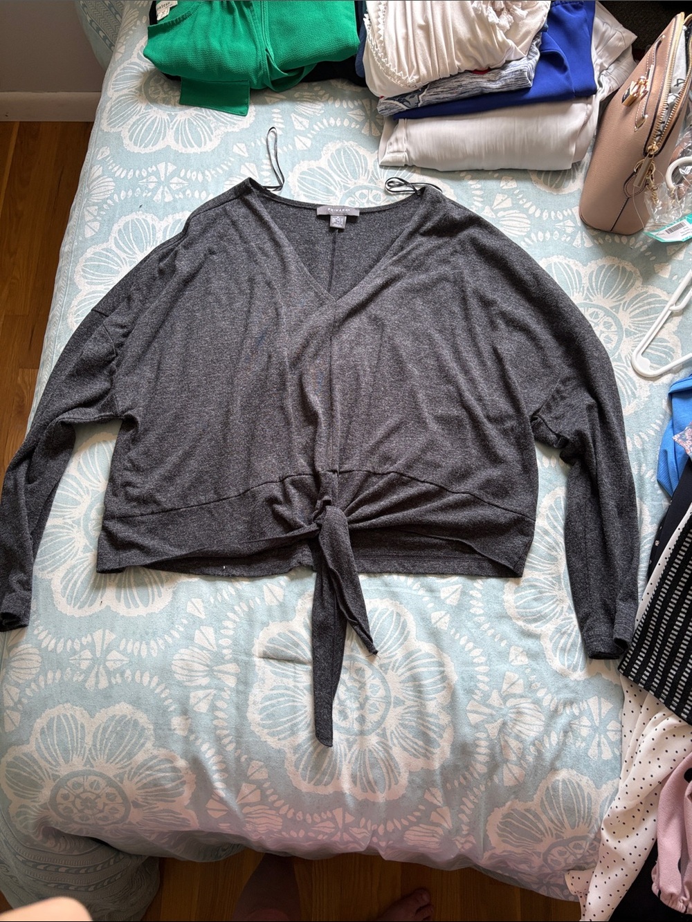Primark Dark Gray Tie-Front V-Neck Long Sleeve Top
